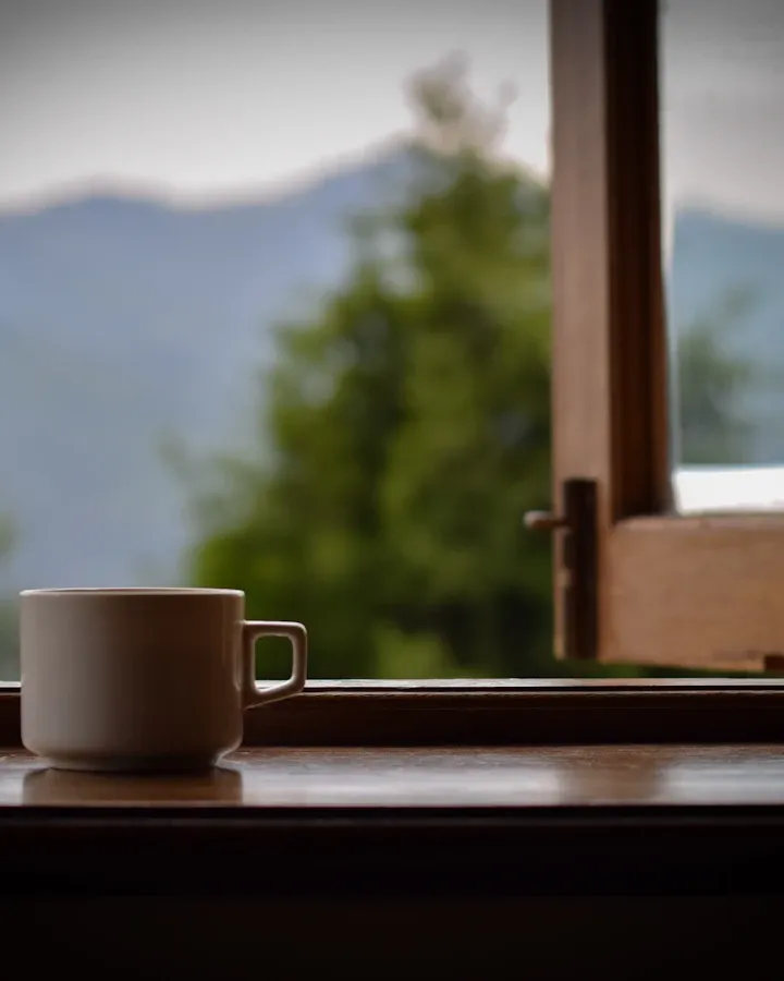 窗台上的杯子,窗外是朦胧的山景